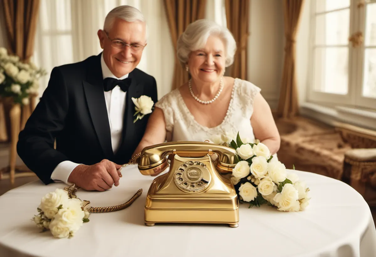 Ilustração gerada por IA de um casal de idosos com um telefone dourado de audio guestbook em festa de bodas