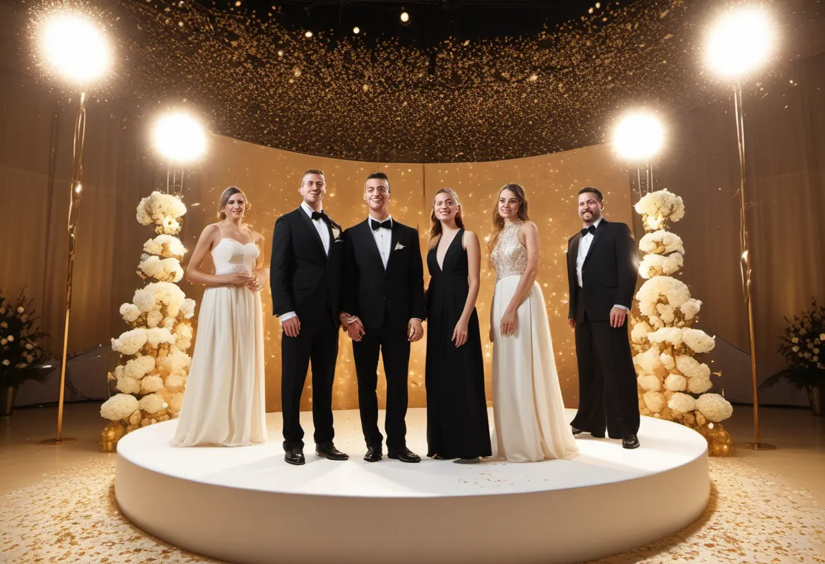 Ilustração gerada por IA de formandos posando sobre uma plataforma iluminada em baile de formatura